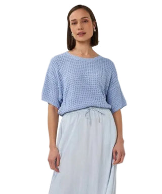 Blue Short Sleeve Open Knit Sweater