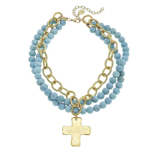 Matte Turquoise Multi-Strand Cross Necklace 3666C