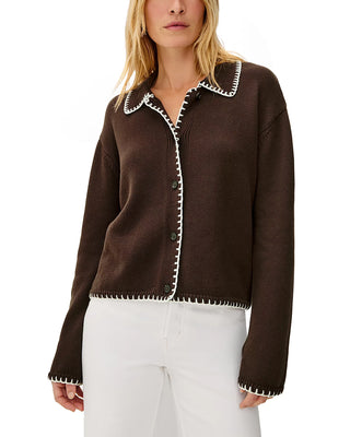 Rayleen Collar Cotton Cardigan- Brown Ivory Blanket Stitch