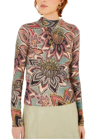 Tapestry Flower Dark Green Knit Layer Top