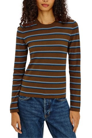 Davie Cashmere Long Sleeve Tee- Mocha Stripe