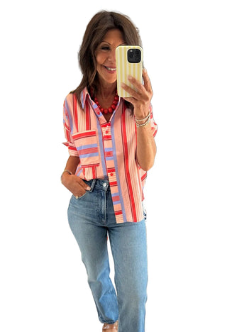 Stripe Button Short Sleeve Shirt