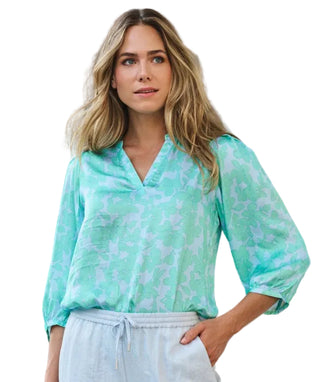 Floral Aqua V-Neck Blouse
